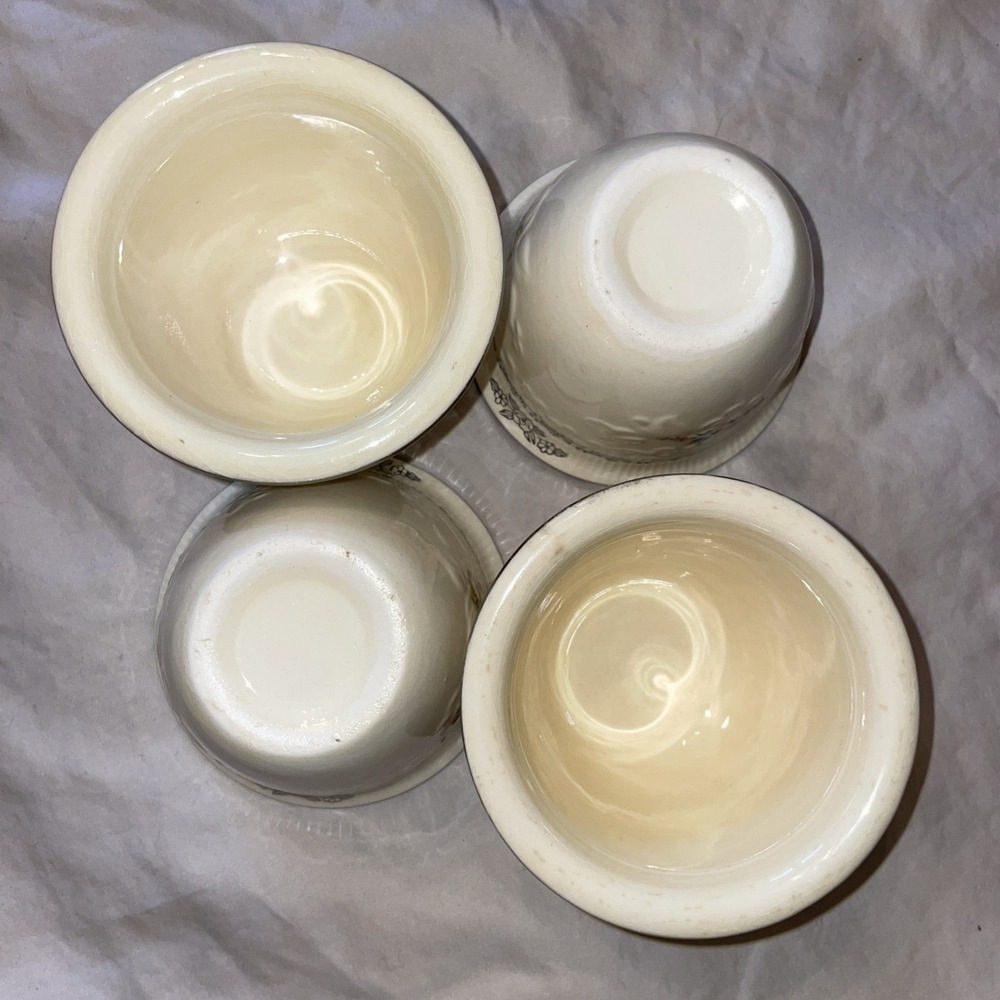4 Vintage Ceramic Custard Cups Silver Trim Floral Swag Embossed‎ White 3 1/2"